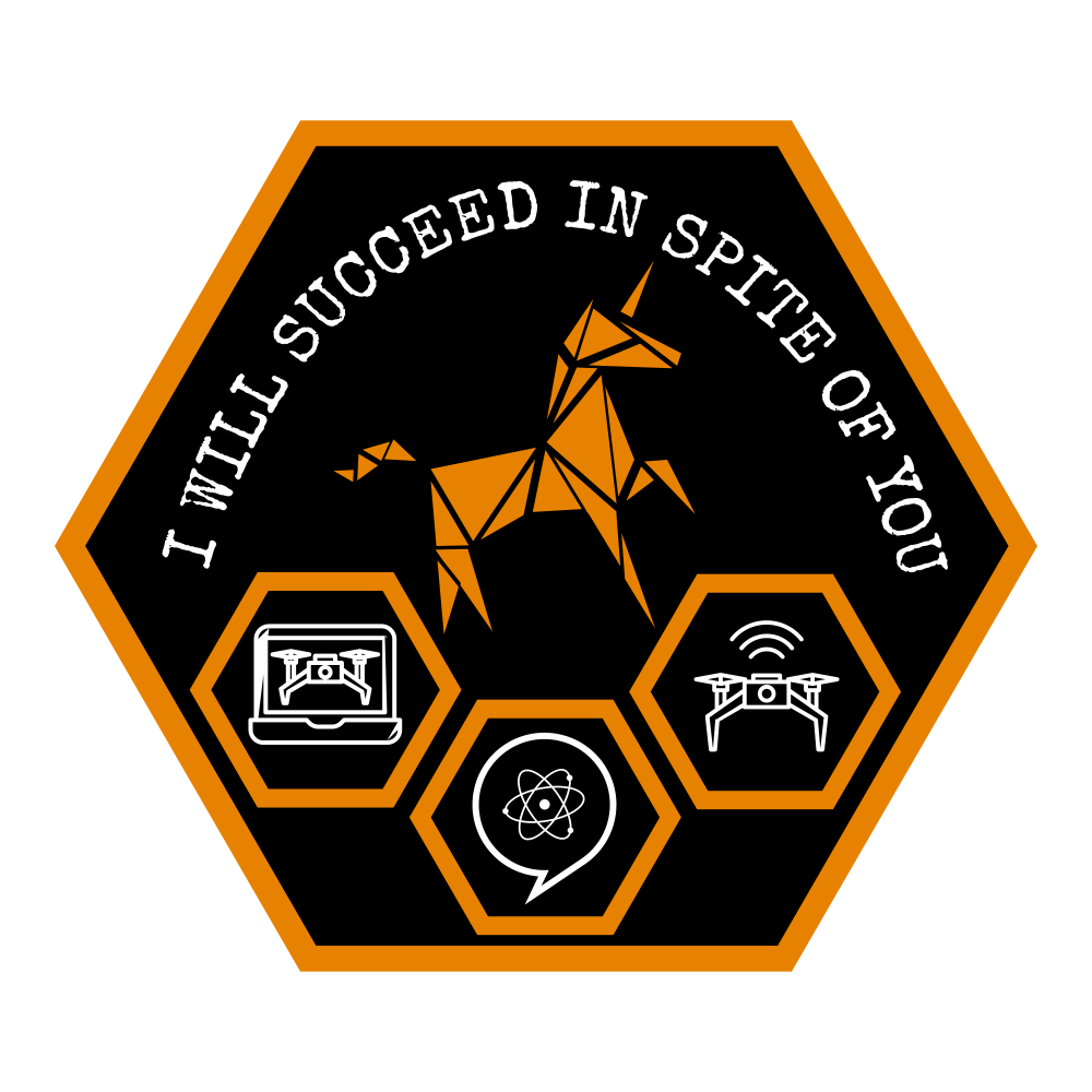 Orange hexagon logo.  Gingercorn, an origami unicorn above 3 smaller hexagons with science and drone symbols. Above all is the motto 